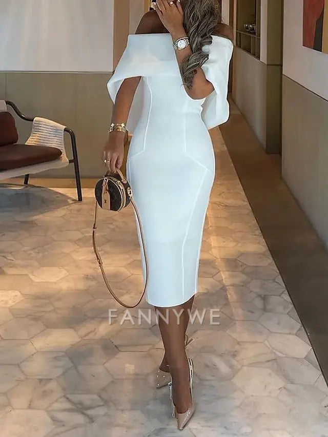 FannyWe Simple Sheath Prom Dresses Elegant Dress Wedding Guest Graduation Tea Length Half Sleeve Off Shoulder Stretch Fabric with Sleek Pure Color Dresses